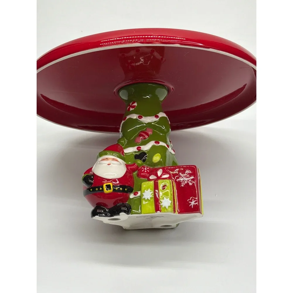 LivingQuarters Holiday Christmas‎ Tree Santa Cake Stand Red Earthenware 11.25in